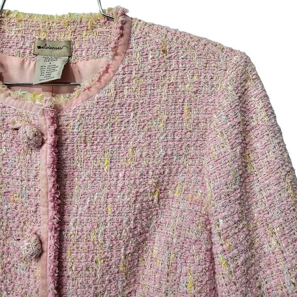 Anthropologie Elevenses Twill Tweed Button Front Frayed Bow Pink Jacket Short - Picture 3 of 7